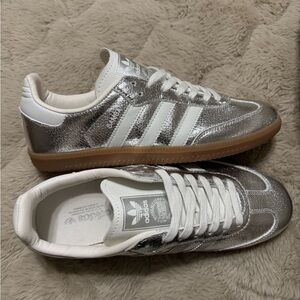 Adidas Samba Throwback Metallic Silver and White Sneakers